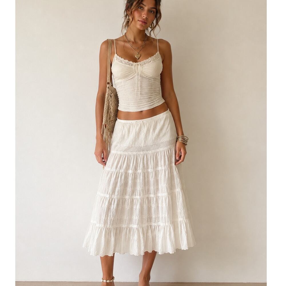 Vintage 90s Y2K Beaded Sequins Tiered Midi Skirt Prairie Boho Embroidered Dot